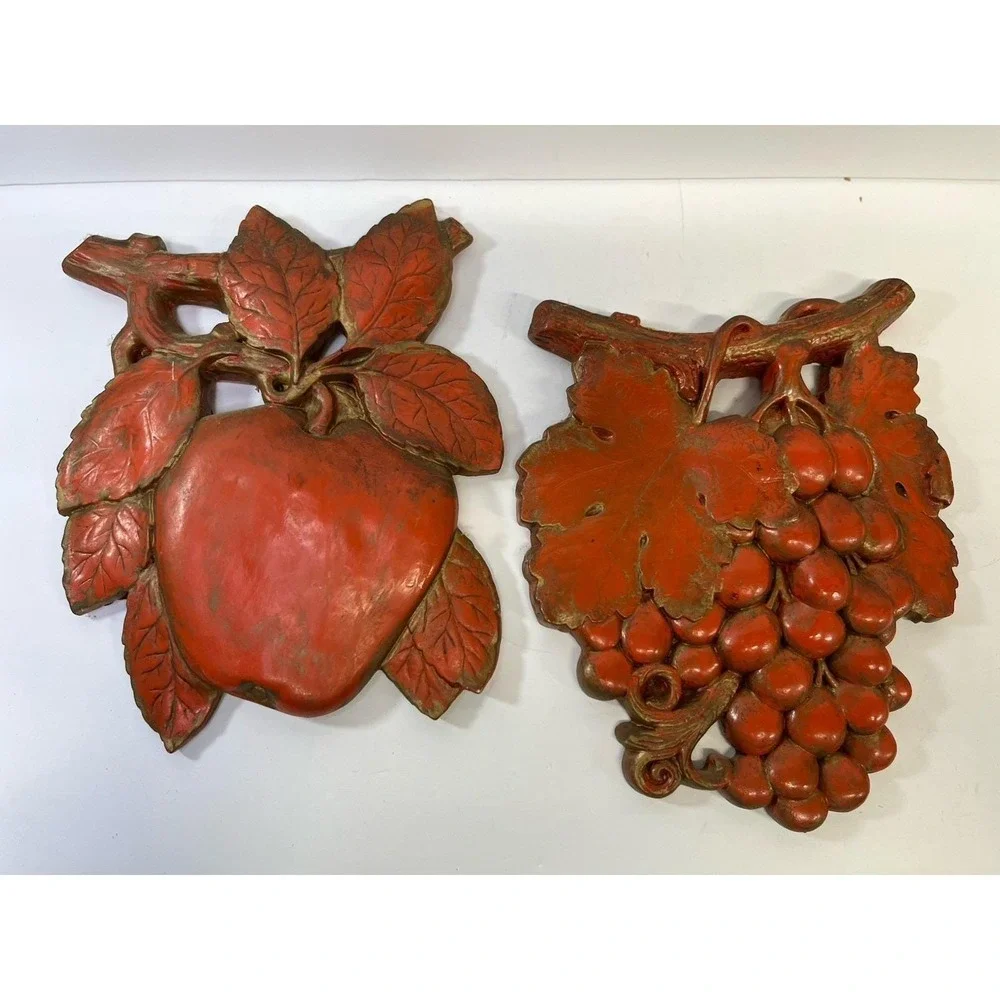 Pair Of Vintage Chalk Ware Wall Hangings Grapes & Apples Red